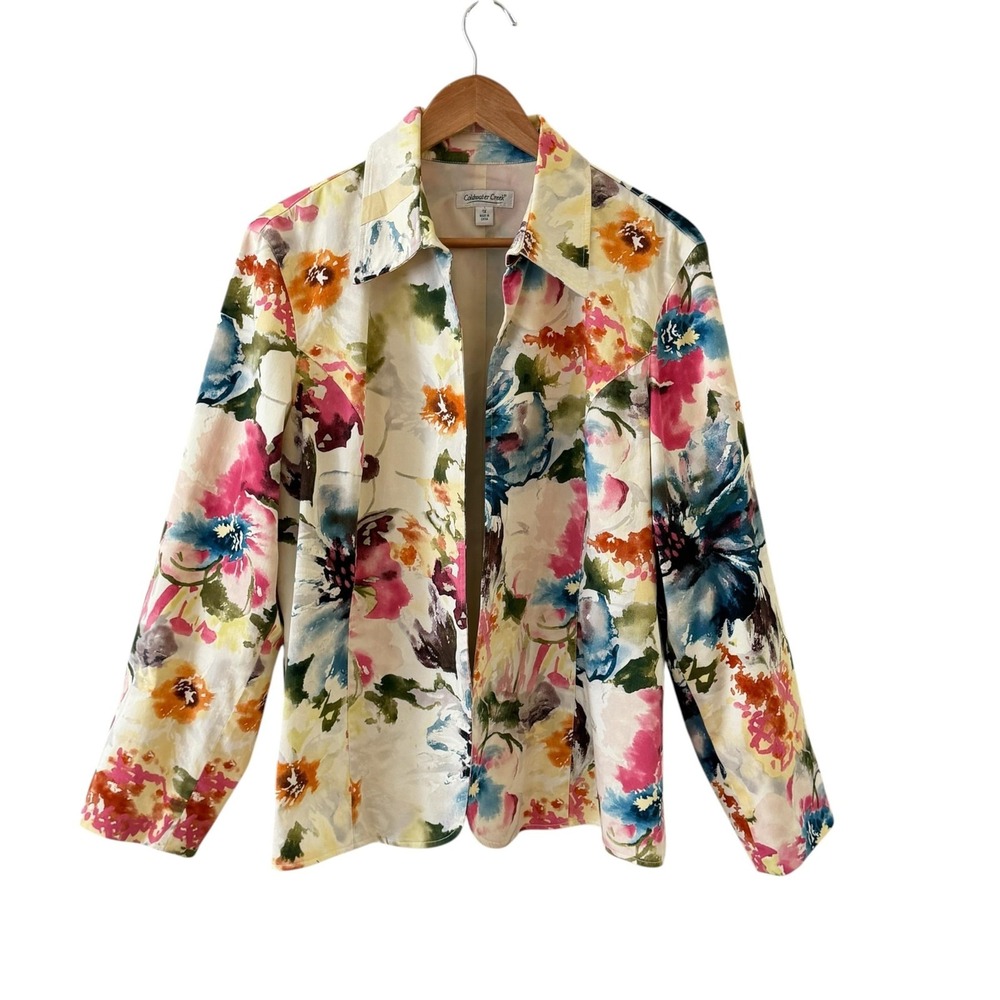 Coldwater Creek Open Front Jacket Womens 1X Floral Watercolor Boho Art to Wear